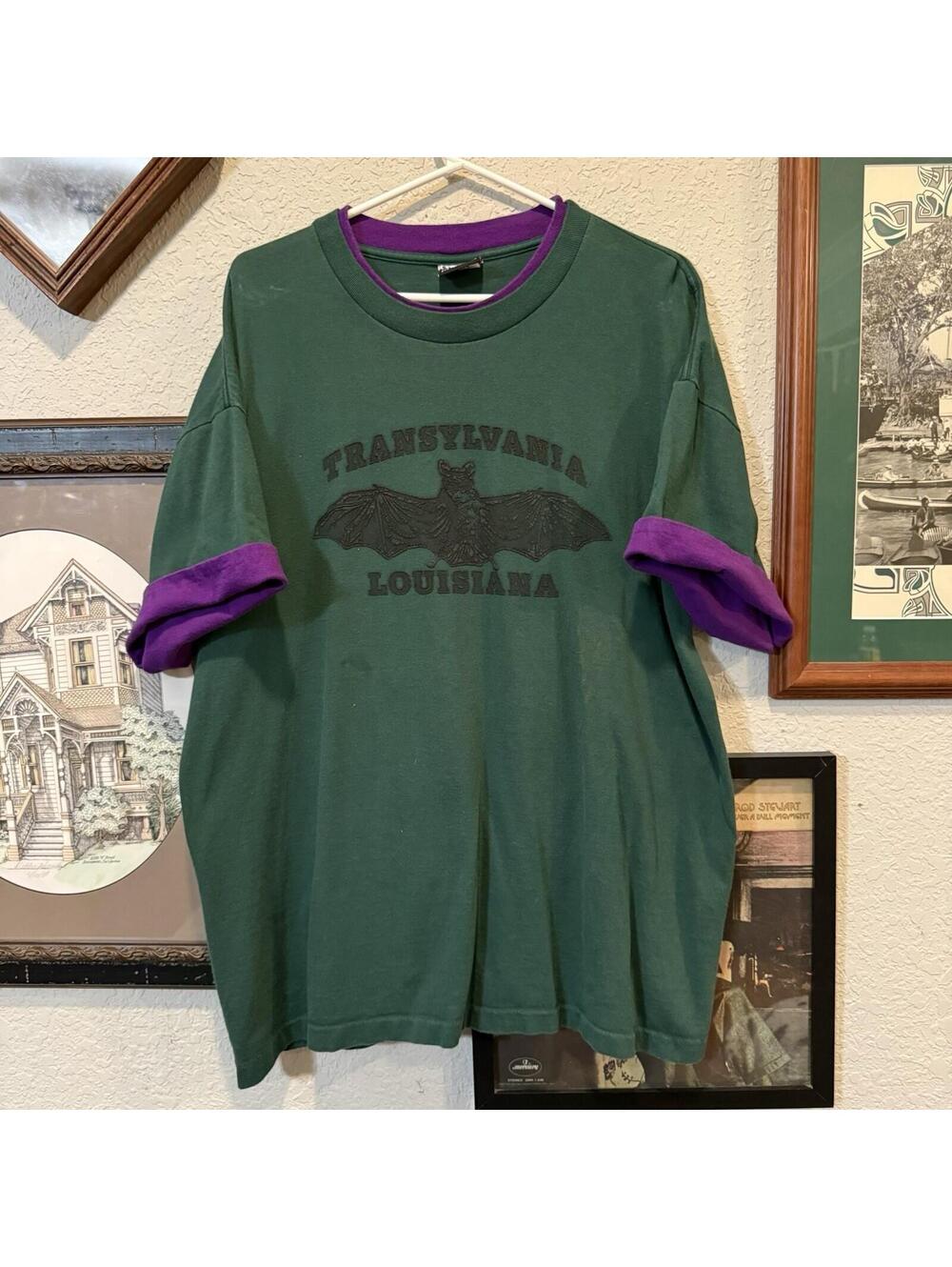 Vintage 90s Transylvania Louisiana Green/Purple Bat Nature Shirt USA Size XL